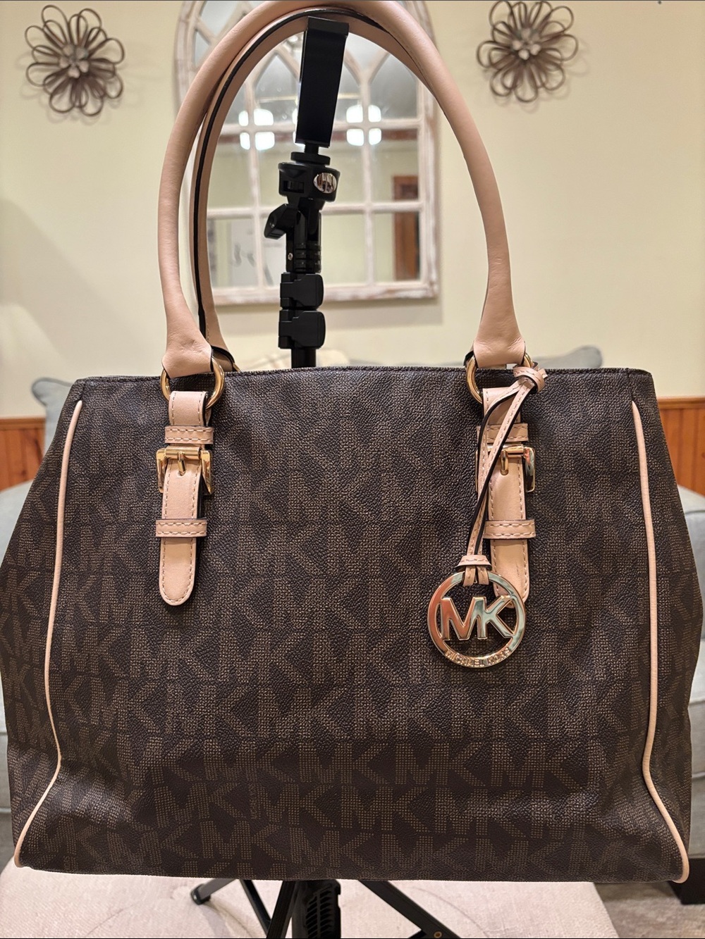 Michael Kors Brown and Beige Signature Tote with MK Charm